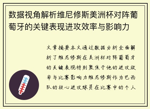 数据视角解析维尼修斯美洲杯对阵葡萄牙的关键表现进攻效率与影响力