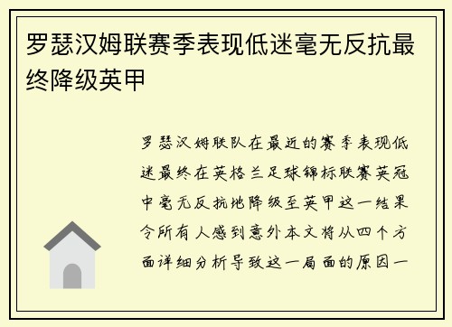 罗瑟汉姆联赛季表现低迷毫无反抗最终降级英甲